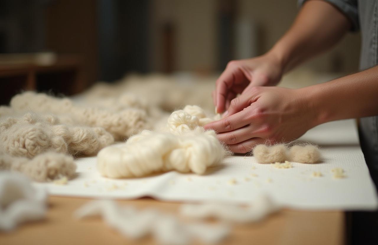 Selección manual de materiales y fibras en la mesa de trabajo