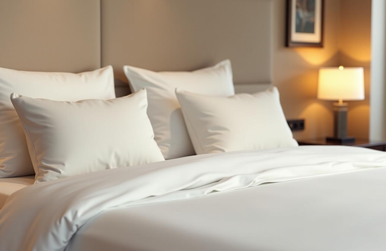 Cama de hotel con sábanas de algodón egipcio y cojines decorativos